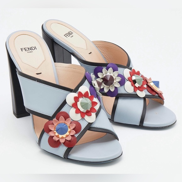 SOLD - FENDI- Light Blue/Black ALL Leather Flowerland Slide Sandals Size 39 - Picture 2 of 9
